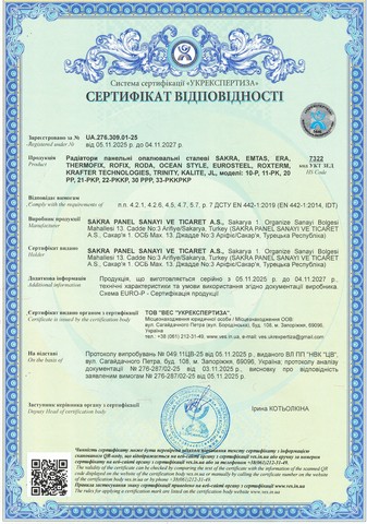 Сертифікат відповідності: Радіатори (бокове та нижнє підключення) Frafter